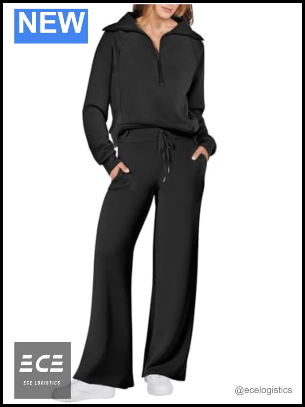 2 Piece Lounge Set Half Zip Oversized Top Wide Leg Drawstring Sweatpants